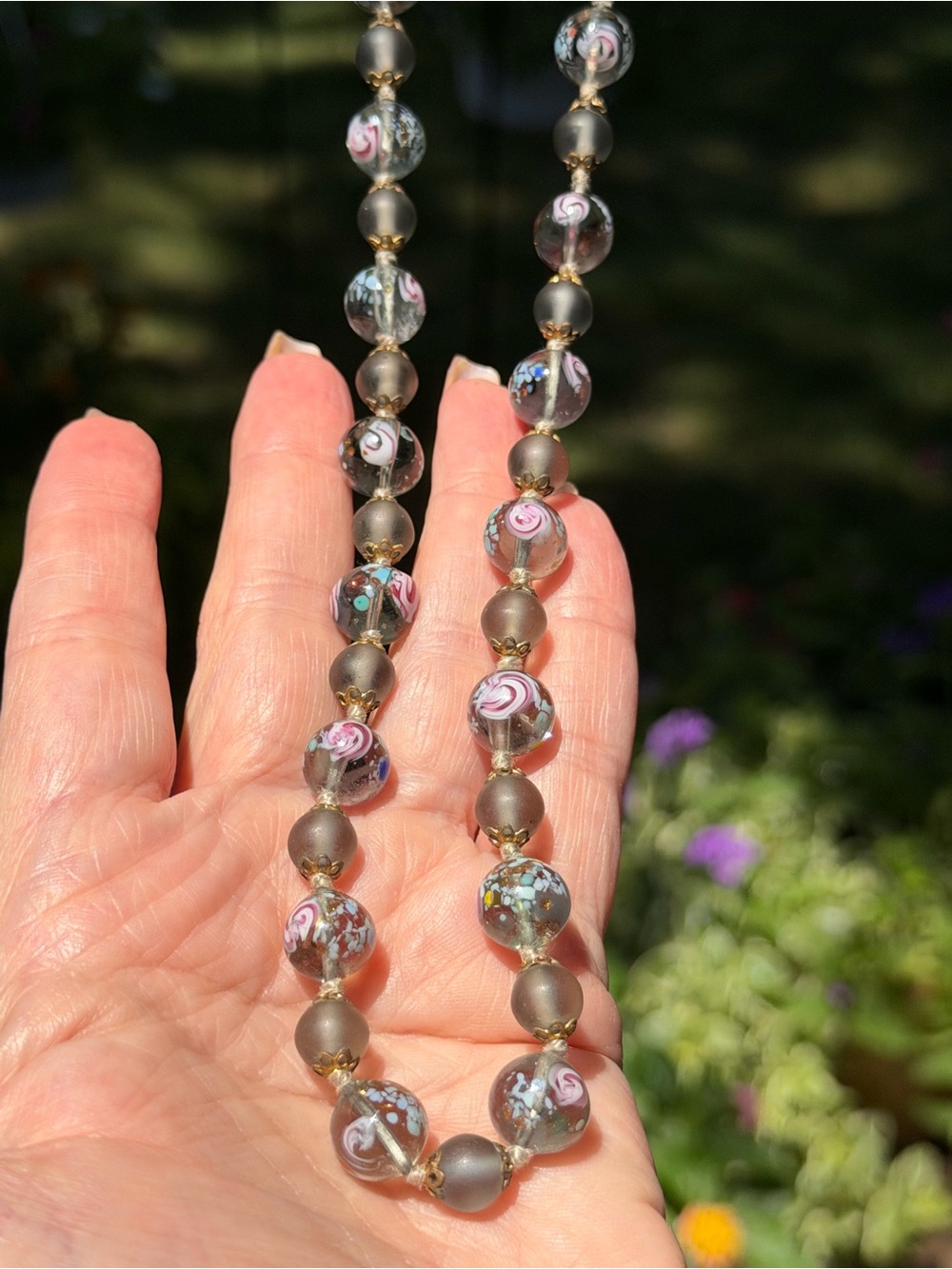 Vintage 1950s Murano Necklace 18.5" Fiorato Wedding Cake Beads Grey Frosted Box